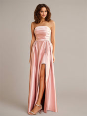Dusty Rose A Line Satin Off the Shoulder Sleeveless Floor Length Bridesmaid Dresses