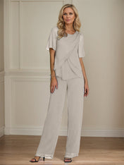 2 Piece Jumpsuit / Pantsuit Crew Neck Floor Length Chiffon Mother of the Bride Dress