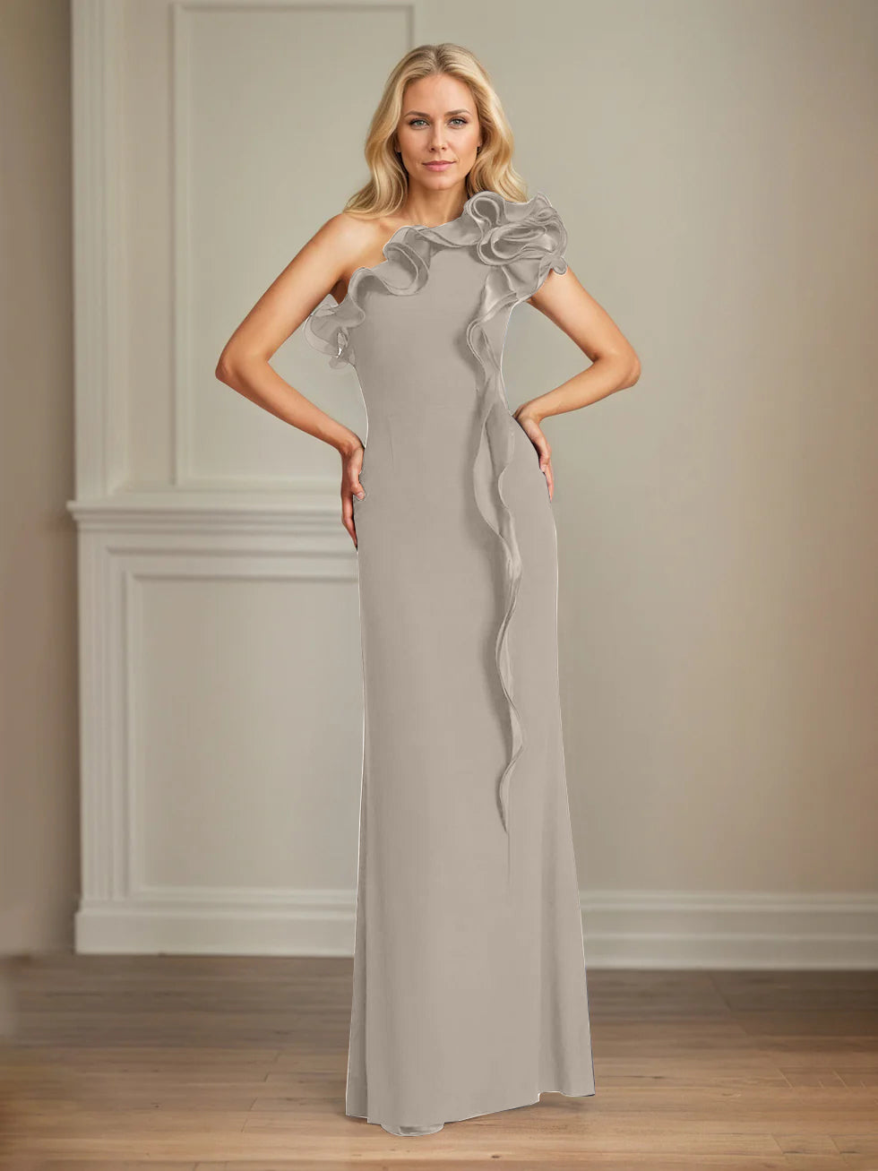 Column One Shoulder Floor Length Mother of the Bride Dresses With Ruffles