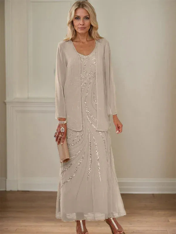 Robe de mère de la mariée fourreau/colonne, col en V, longueur cheville, avec veste et paillettes 