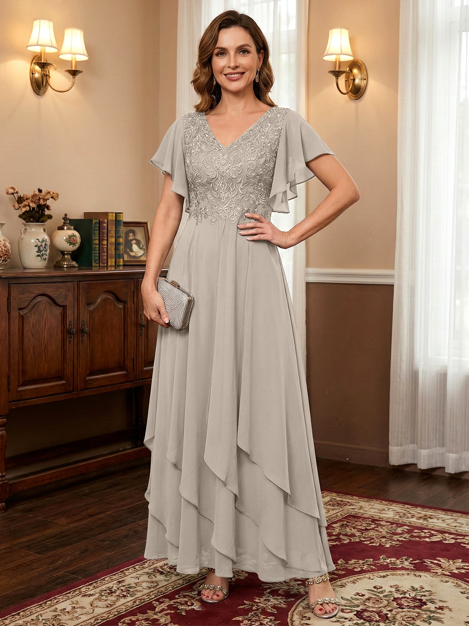 A-line V-Neck Ankle-Length Lace Chiffon Mother of the Bride Dress With Cascading Ruffles