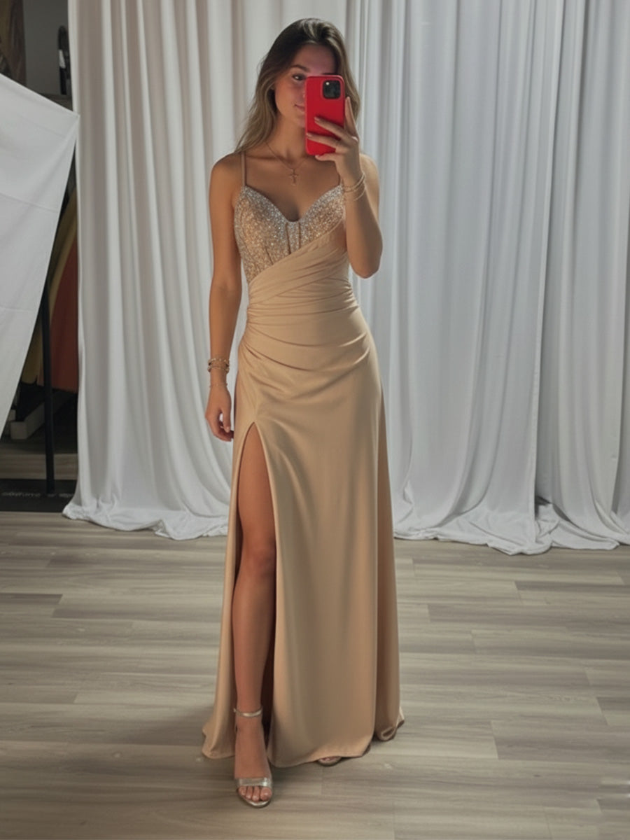 Beige Beaded V Neck Corset Bodice Long Prom Dress with Slit