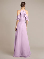 Wisteria A Line Chiffon Spaghetti Straps Sleeveless Floor-Length Bridesmaid Dresses With Ruffles