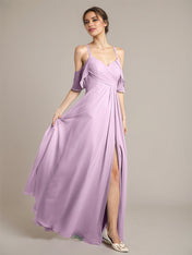 Wisteria A Line Chiffon Spaghetti Straps Sleeveless Floor-Length Bridesmaid Dresses With Ruffles
