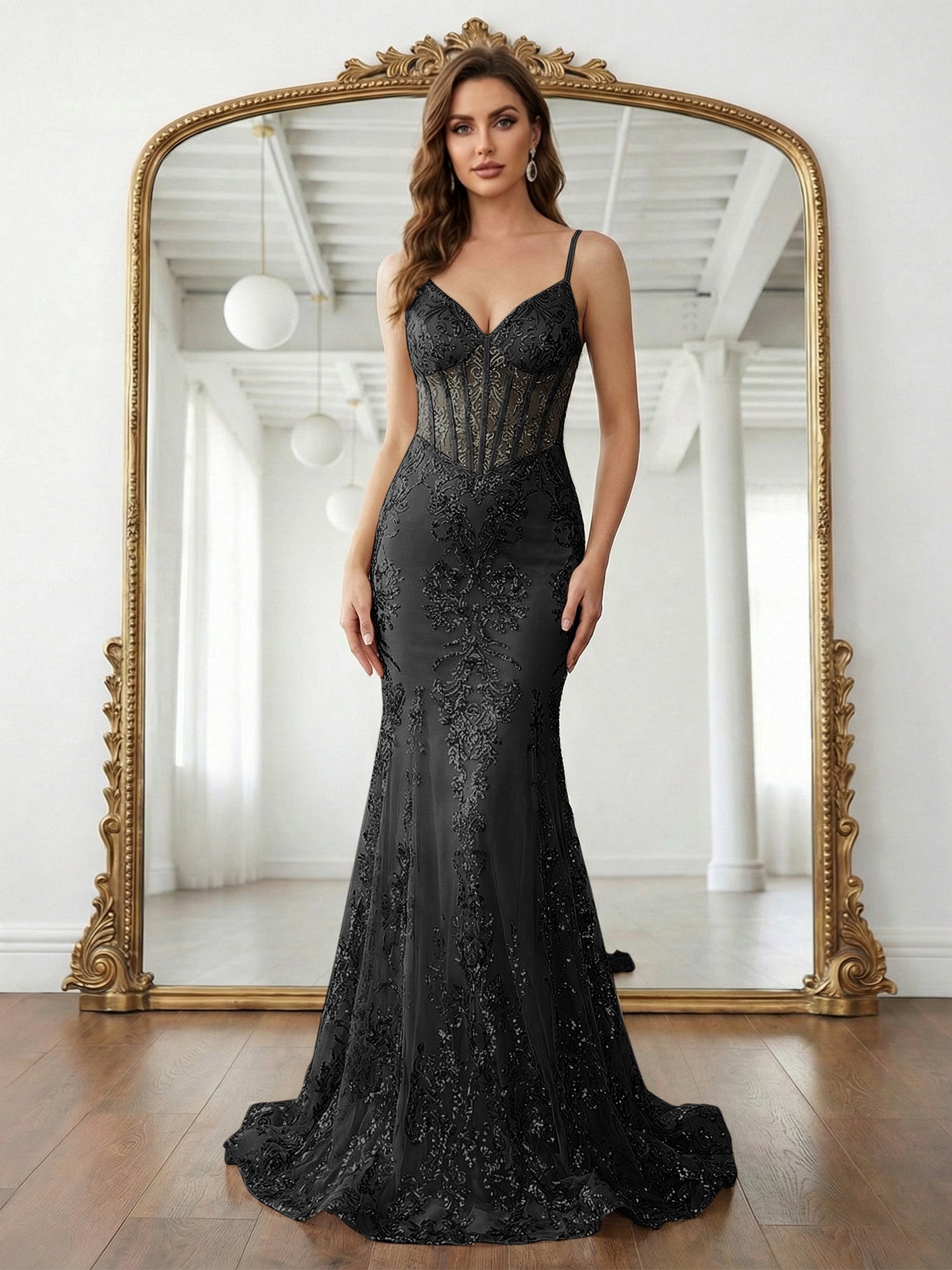 Trumpet/Mermaid Spaghetti Straps Sparkly Sequin Lace Applique Long Prom Dress