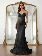 Trumpet/Mermaid Spaghetti Straps Sparkly Sequin Lace Applique Long Prom Dress