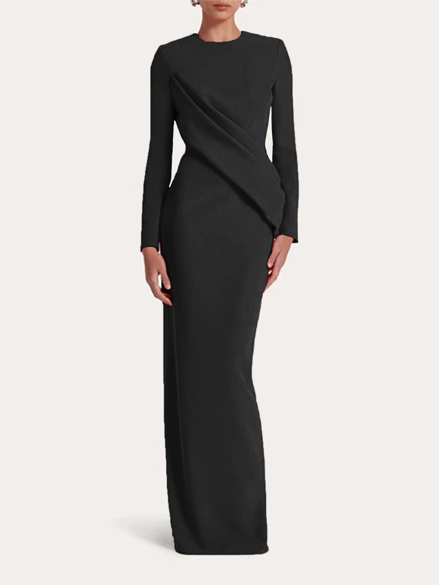 Red Sheath/Column Scoop Long Sleeves Chiffon Floor-Length Ruffles Formal Dress