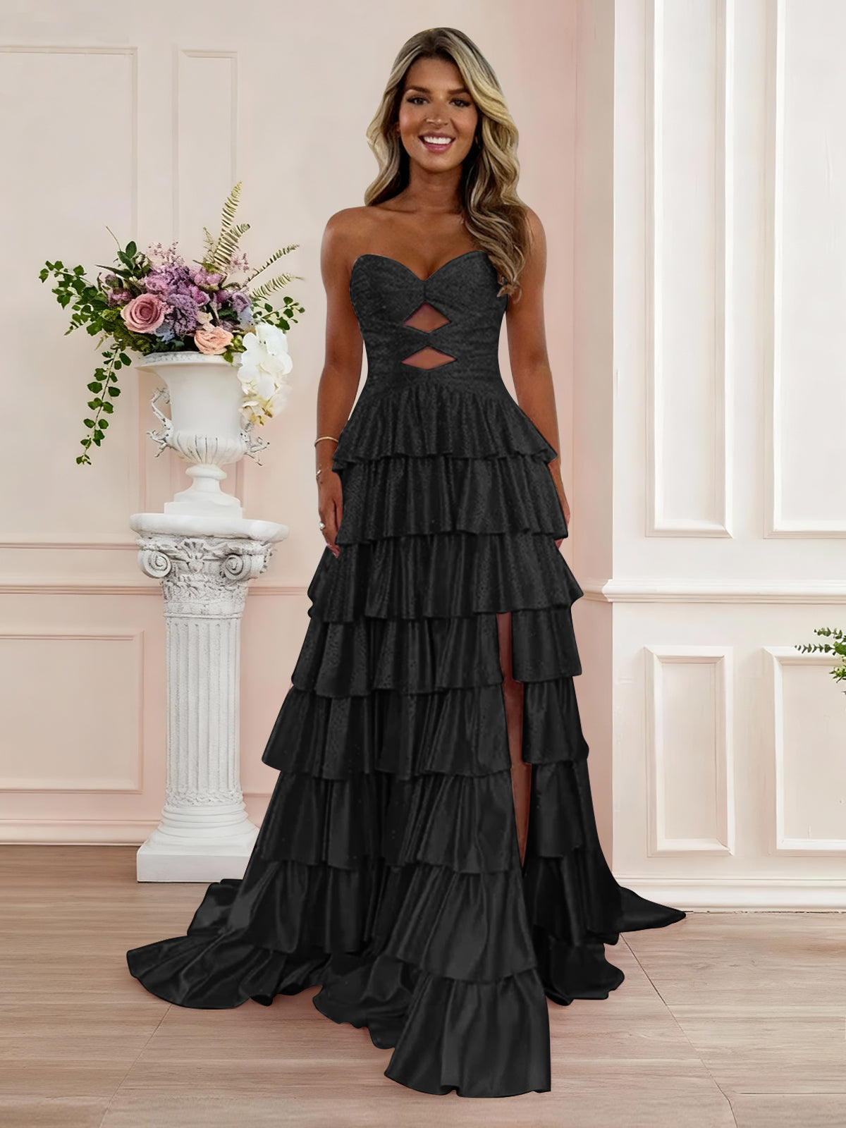 A Line Strapless Sweetheart Satin Prom Dress with Keyhole