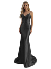 Blue Mermaid Spaghetti Straps V-Neck Rhinestone Long Prom Dress