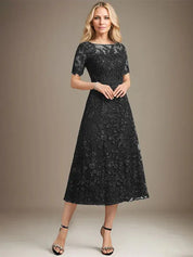 A-line Scoop Illusion Tea-Length Lace Mother of the Bride Dress With Sequins