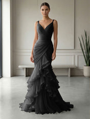 Mauve Folds Tulle Strapless Sleeveless Mermaid Gown Dress