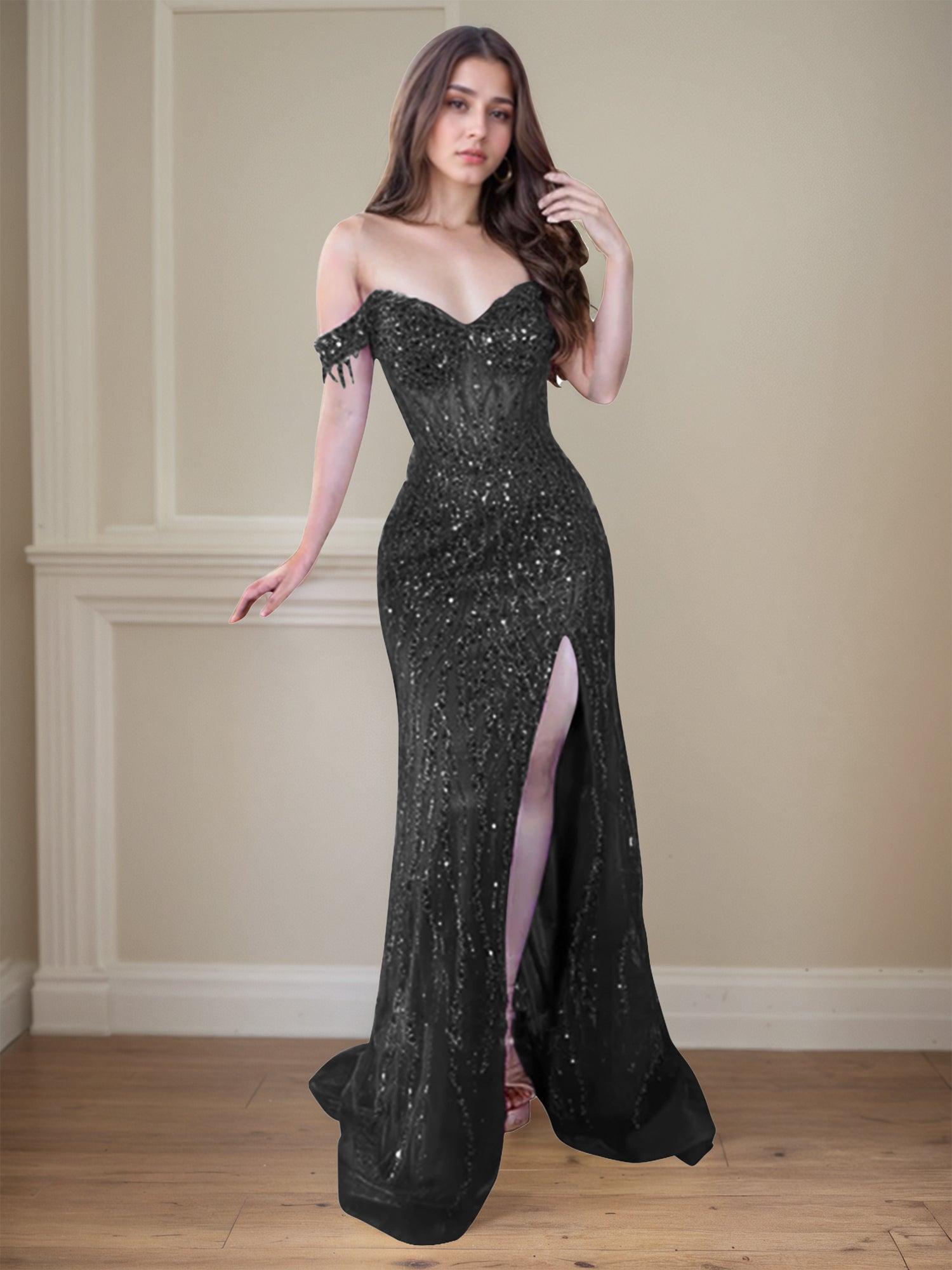 Red Off-the-Shoulder Beaded Tulle Long Prom Dress with Swirling Sequins