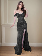 Red Off-the-Shoulder Beaded Tulle Long Prom Dress with Swirling Sequins