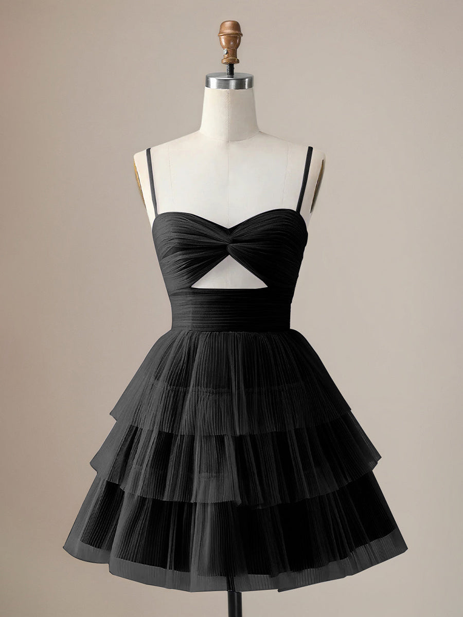 A Line Spaghetti Straps Short Tiered Homecoming Dress with Hollow Out
