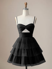 A Line Spaghetti Straps Short Tiered Homecoming Dress with Hollow Out
