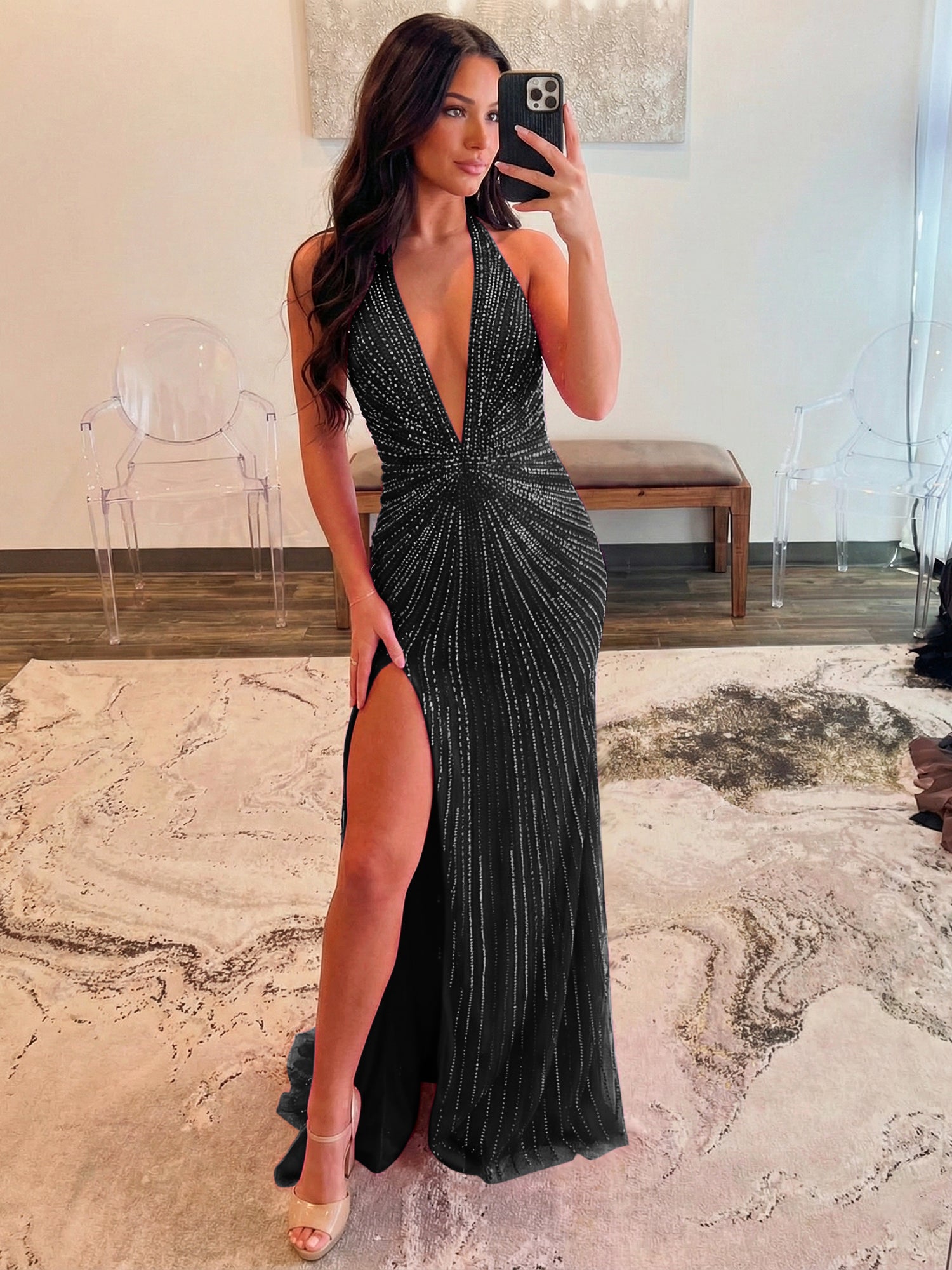 Hot Pink Starburst Beaded Halter Long Prom Dress with Slit