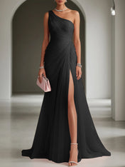 Pink Ruched Slit Tulle Strapless One Shoulder Sheath Gown Dress