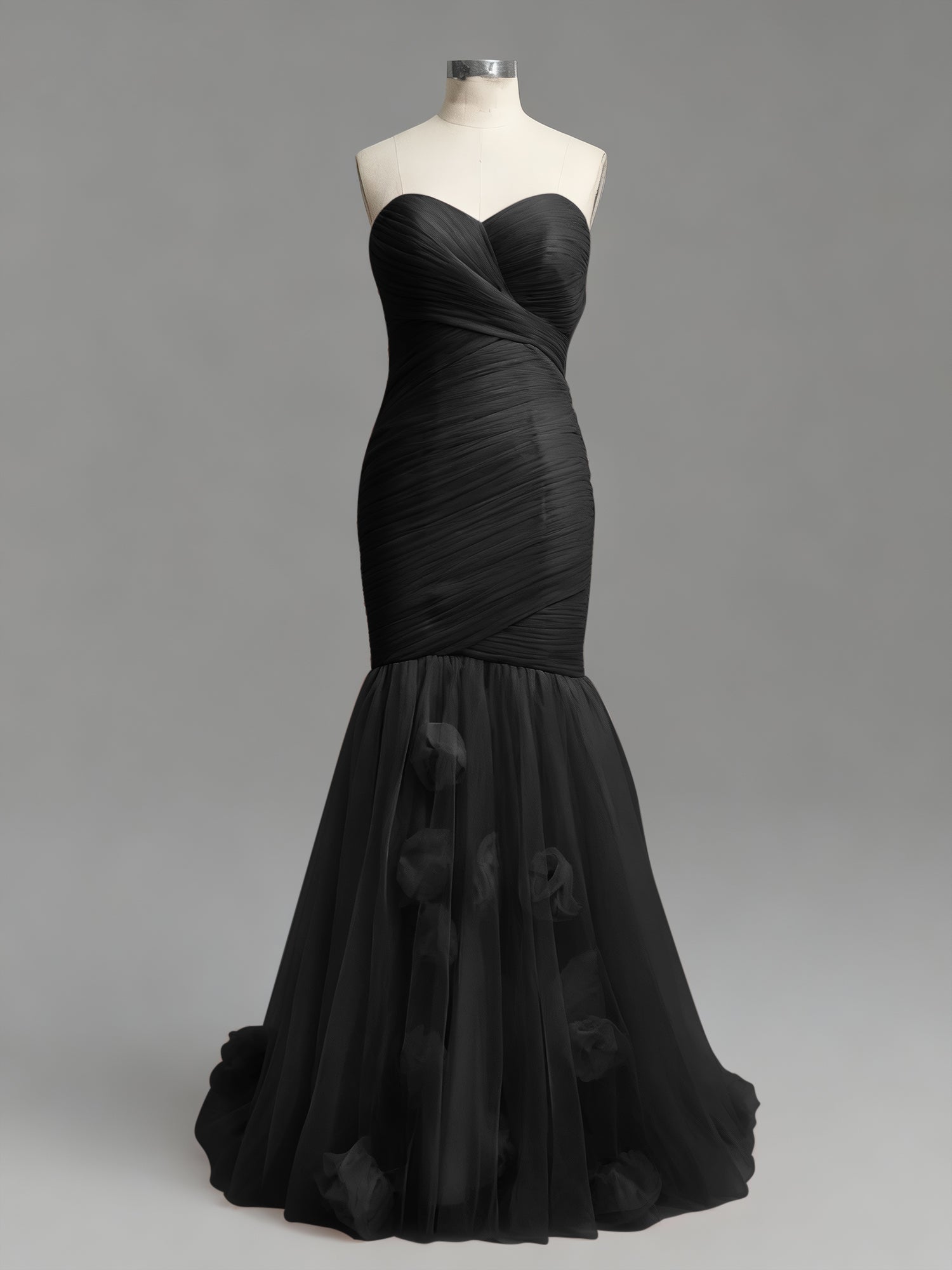 Dusty Rose Mermaid Strapless Ruched Tulle Prom Dress with 3D Floral