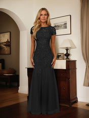 Dark Navy Mermaid Scoop Sequins Tulle Dress