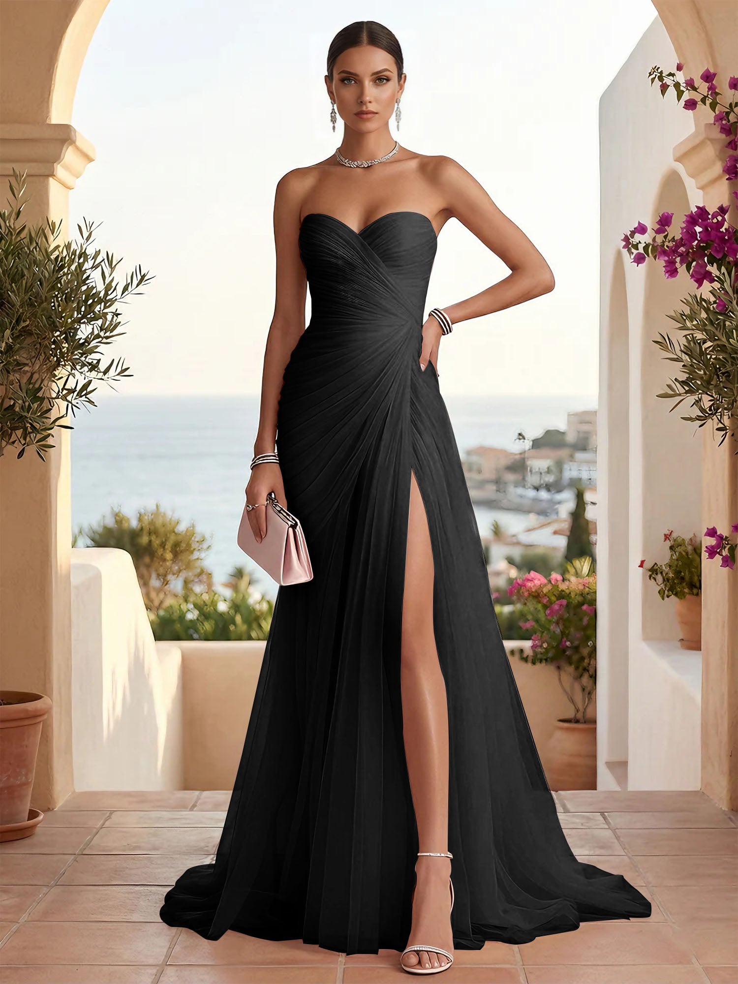 Strapless Sweetheart High Slit Tulle Pleat Prom Dress Evening Dresses