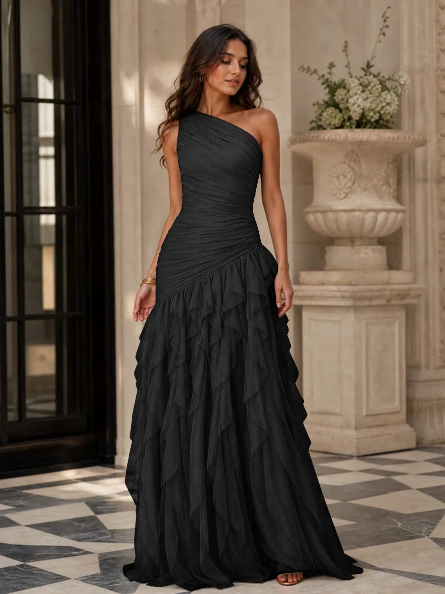 Emerald Green One-Shoulder Ruched Asymmetric Ruffle Chiffon Floor-Length Gown Dress