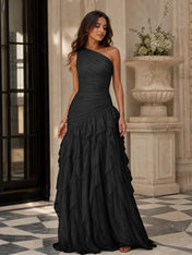 Emerald Green One-Shoulder Ruched Asymmetric Ruffle Chiffon Floor-Length Gown Dress