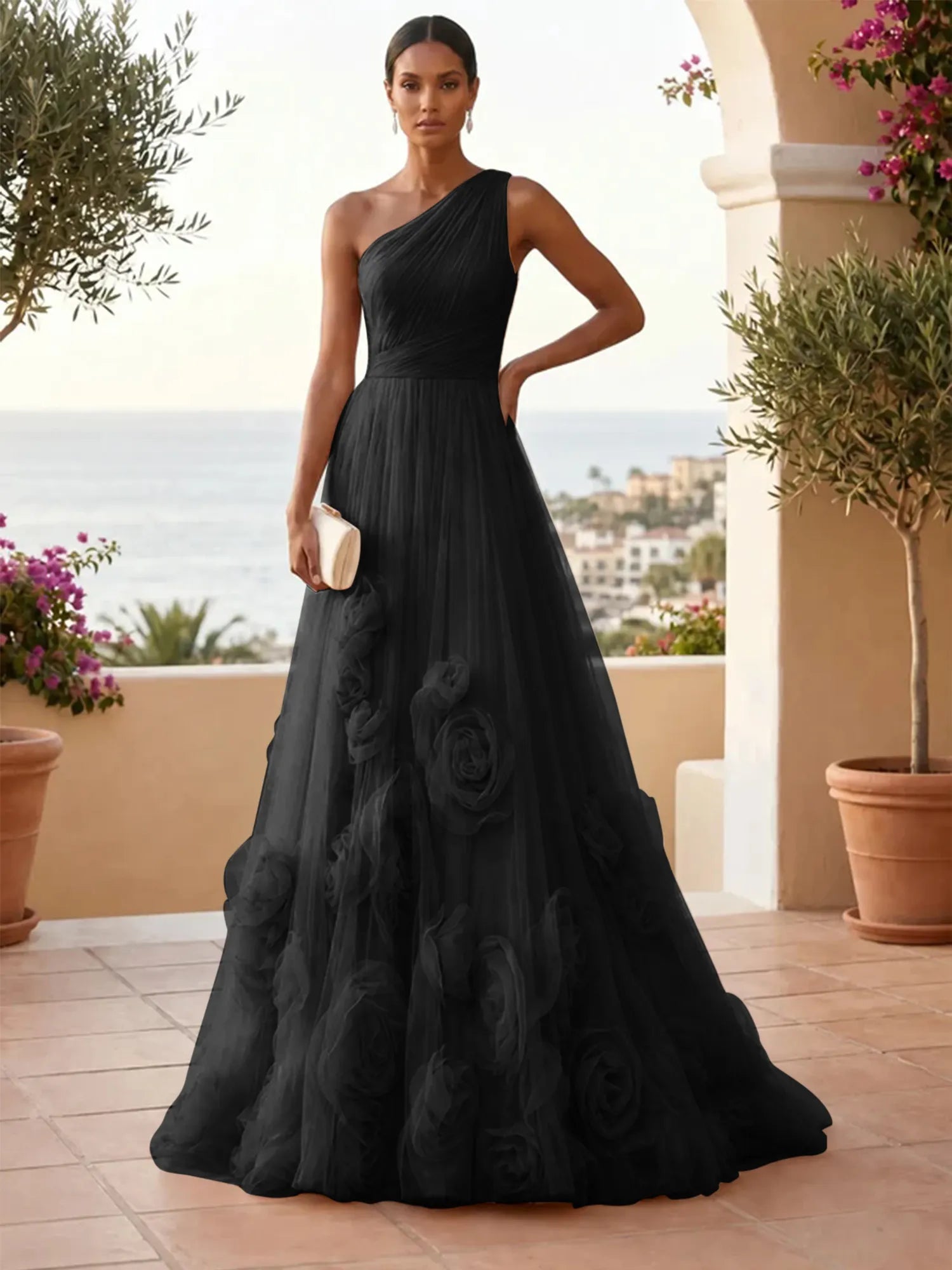 One-Shoulder Sweetheart Tulle Ball Gown with 3D Floral Accents Evening Dresses