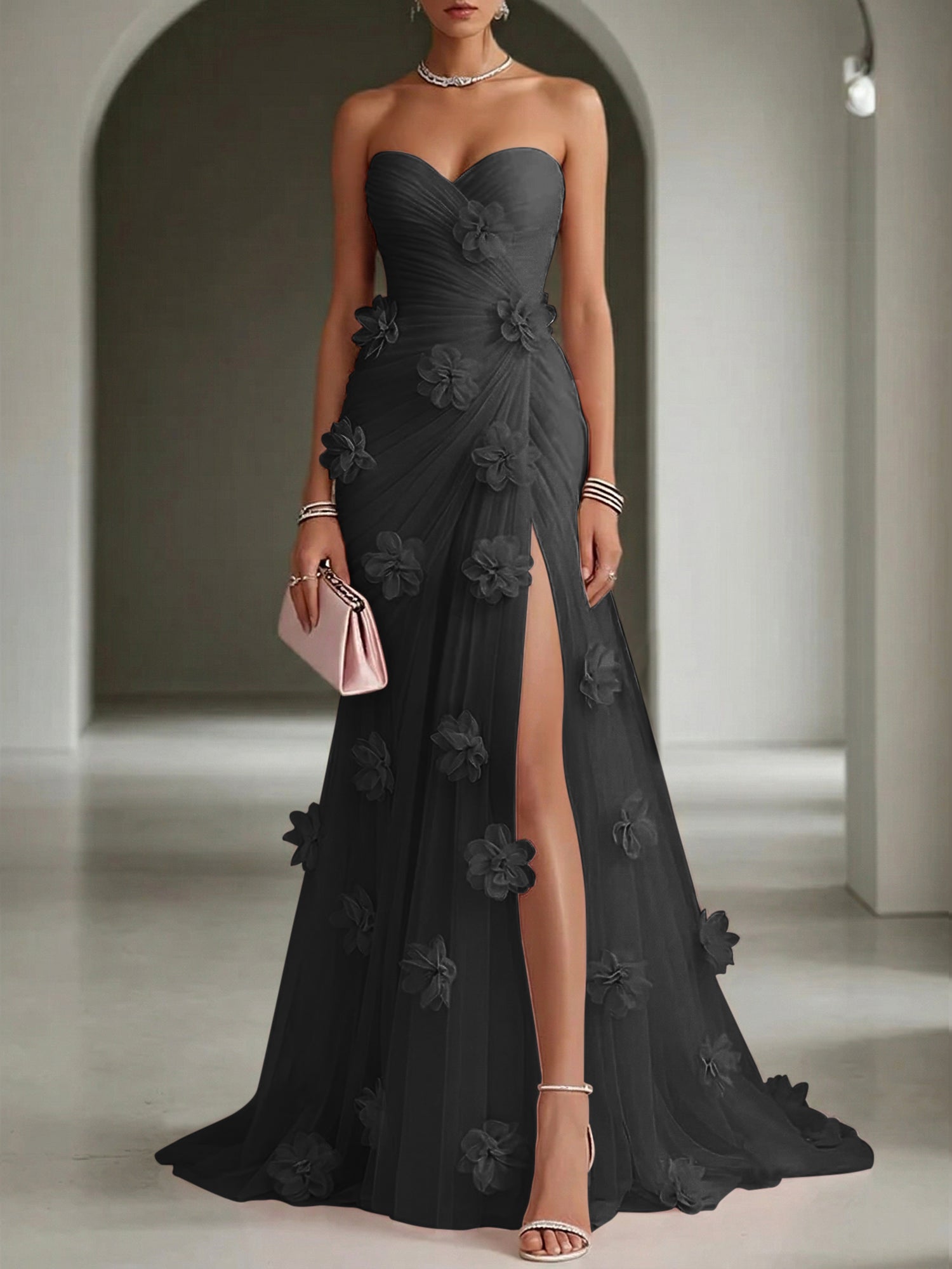 Ethereal Blush Slit 3D Floral Strapless Tulle Gown Dress