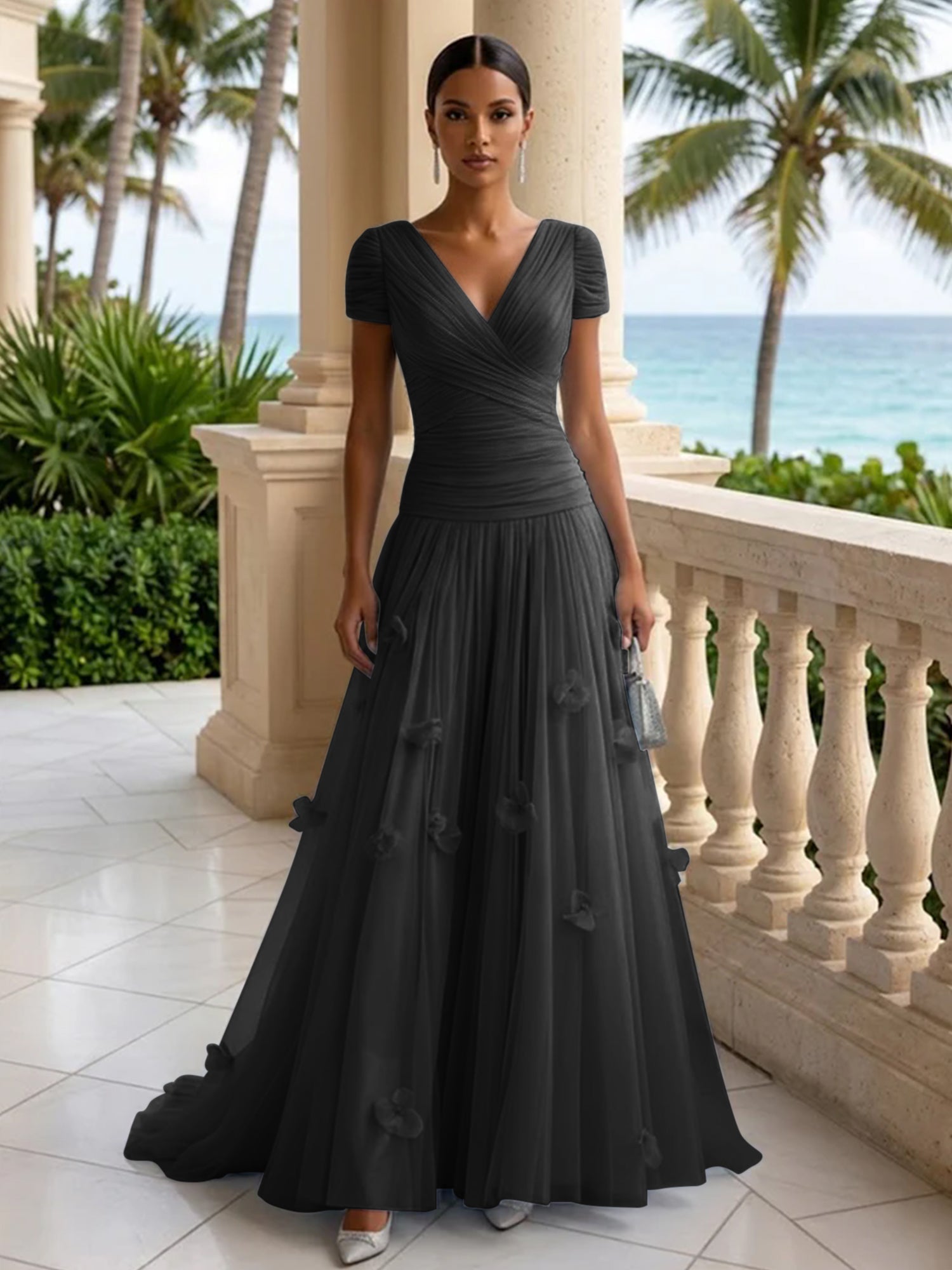 Light Blue Short-Sleeve Tulle Gown Evening Dress with 3D Flower V Neck Pleat Maxi Dress