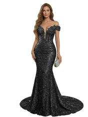Sparkly Off The Shoulder Sequin Long Mermaid Corset Prom Dresses