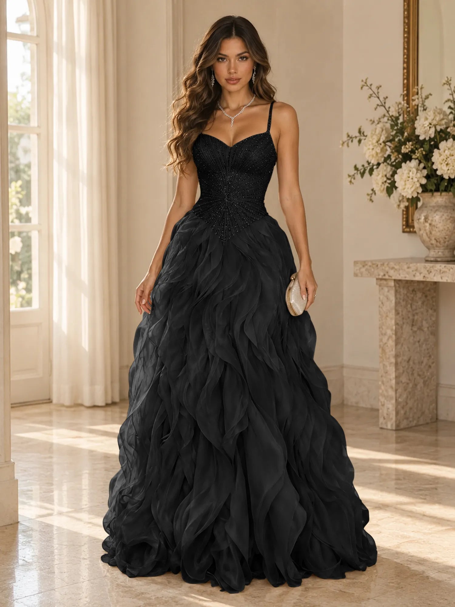Elegant Beaded Spaghetti Strap Tiered Ruffle Ball Gown Evening Dress
