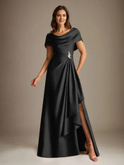 A-Line Scoop Floor-Length Stretch Satin Mother of the Bride Dress With Cascading Ruffles