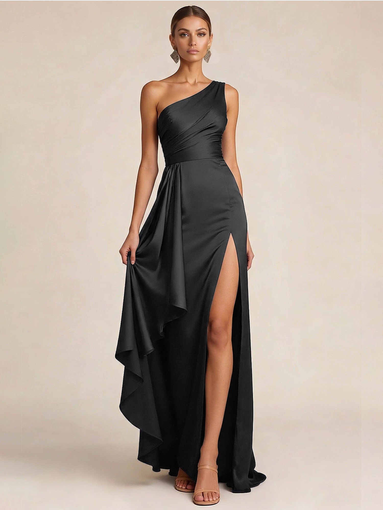 Sleek Foraml Evening Gown Midnight Navy One-Shoulder Satin Slit Maxi Dress