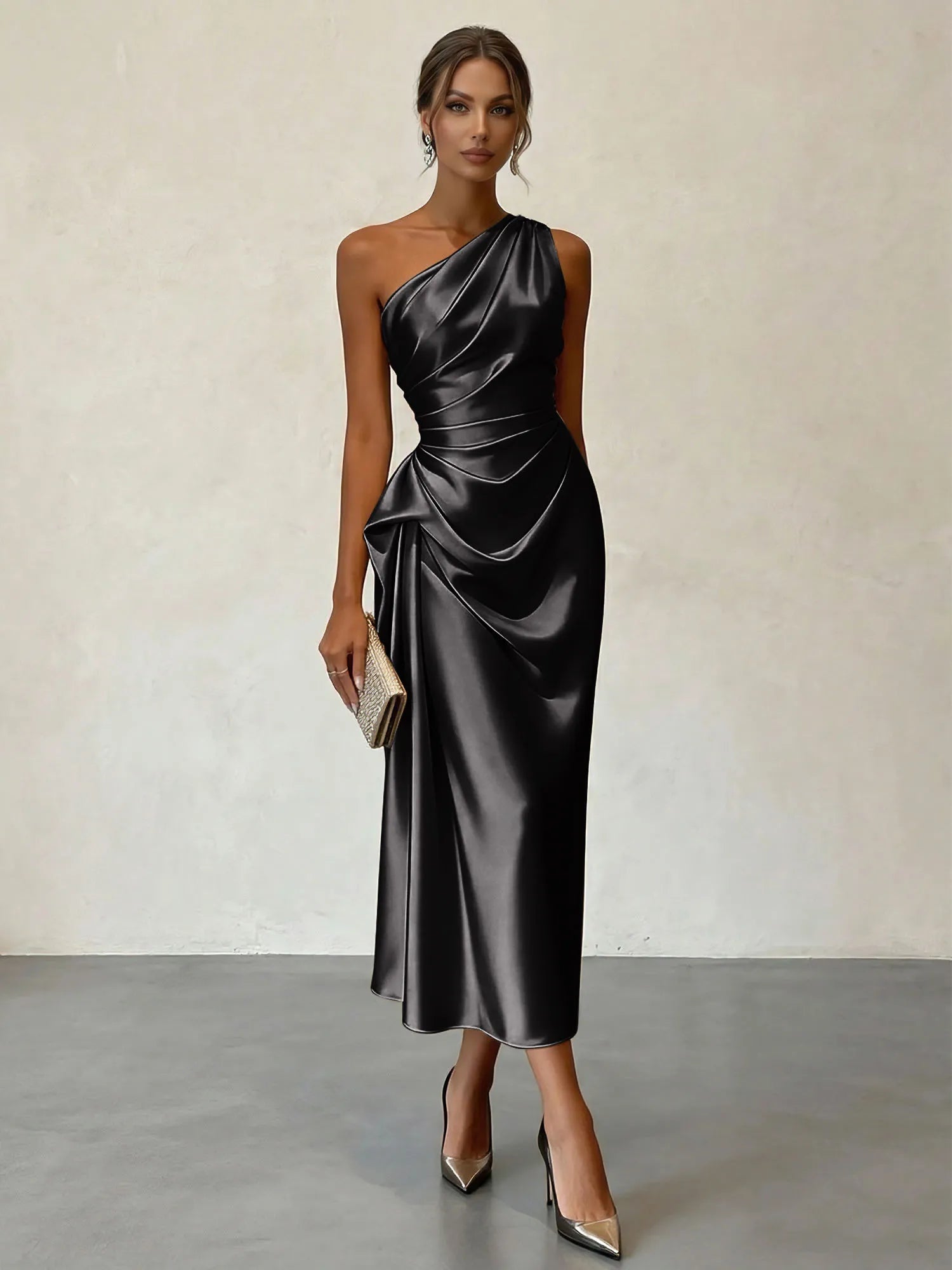 Champagne Ruched Satin One Shoulder Sleeveless Sheath Midi Dress