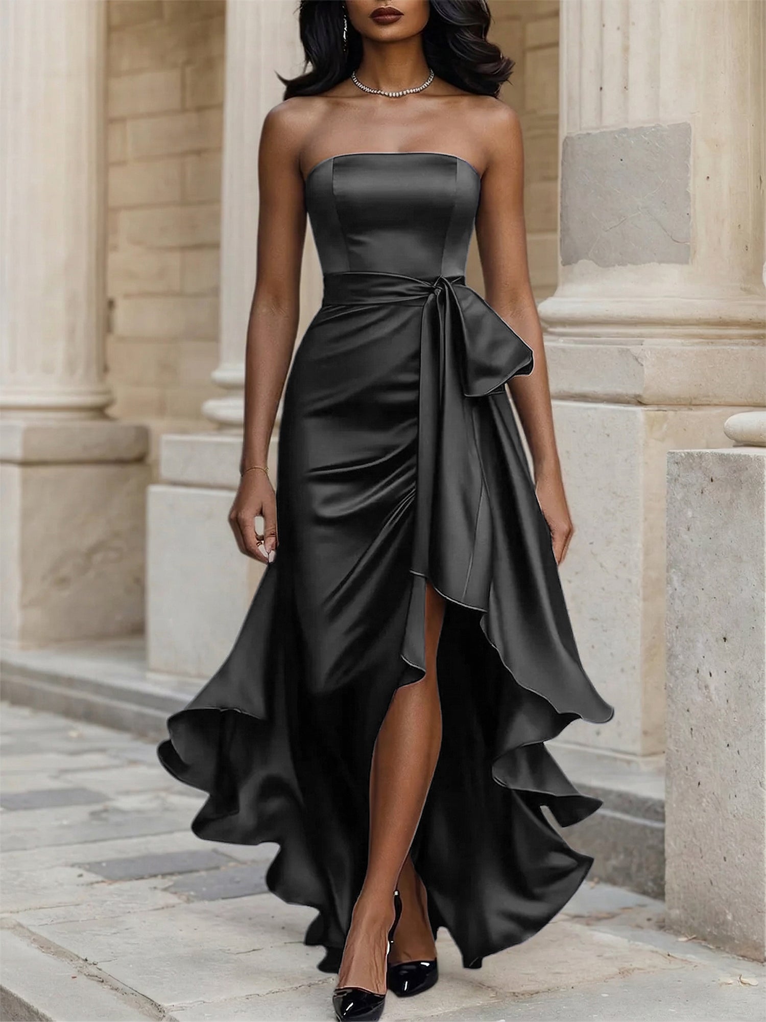 Glamorous Formal Dress Midnight Navy Strapless Satin Gown Midi Dress