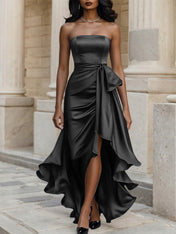 Glamorous Formal Dress Midnight Navy Strapless Satin Gown Midi Dress