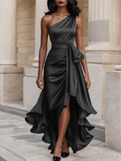Glamorous Formal Dress Midnight Navy One Shoulder High-Low Satin Gown Midi Dress
