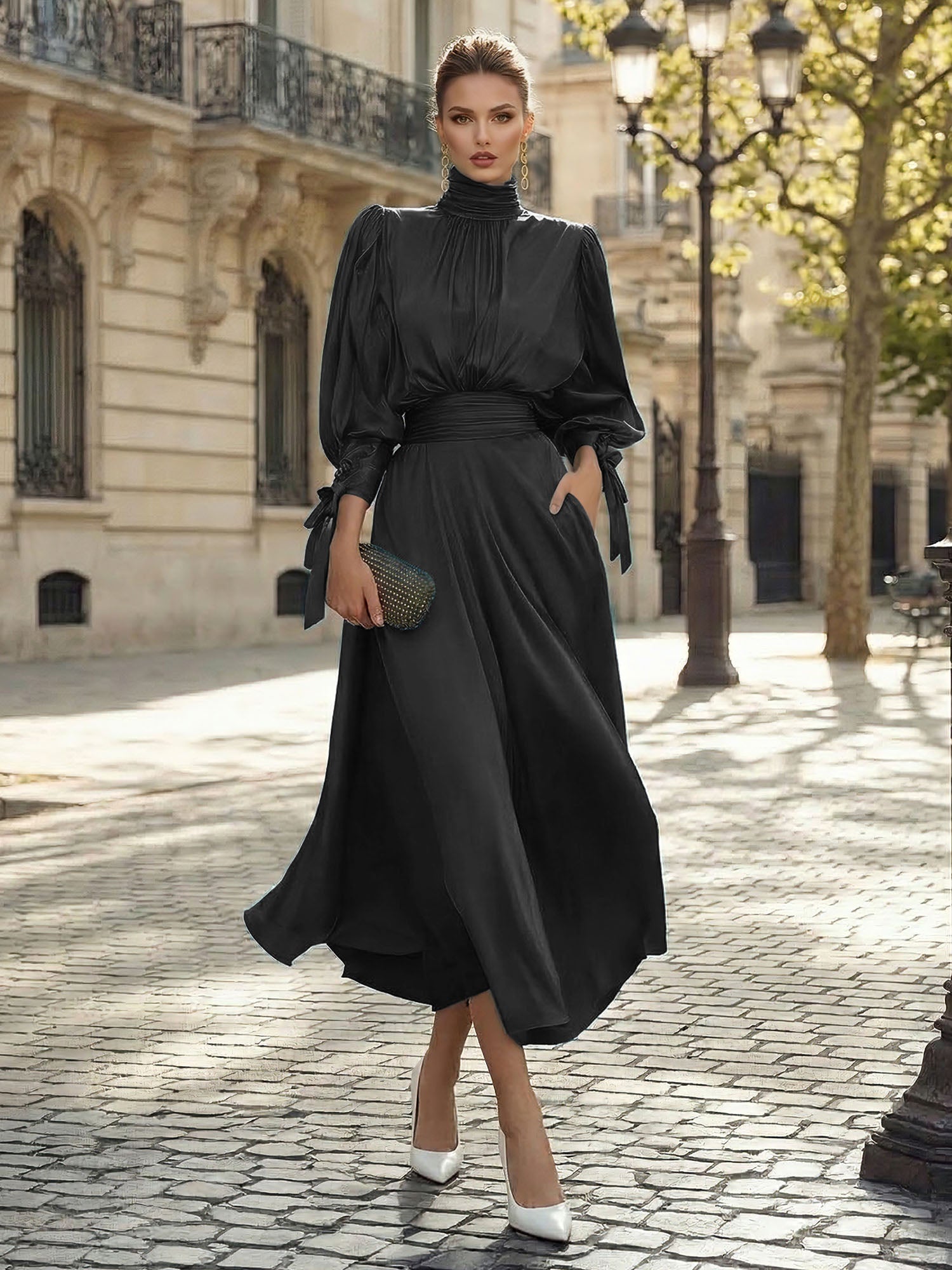 Sophisticated Emerald Green Satin High-Neck Midi Dress Gown