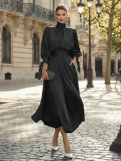 Sophisticated Emerald Green Satin High-Neck Midi Dress Gown