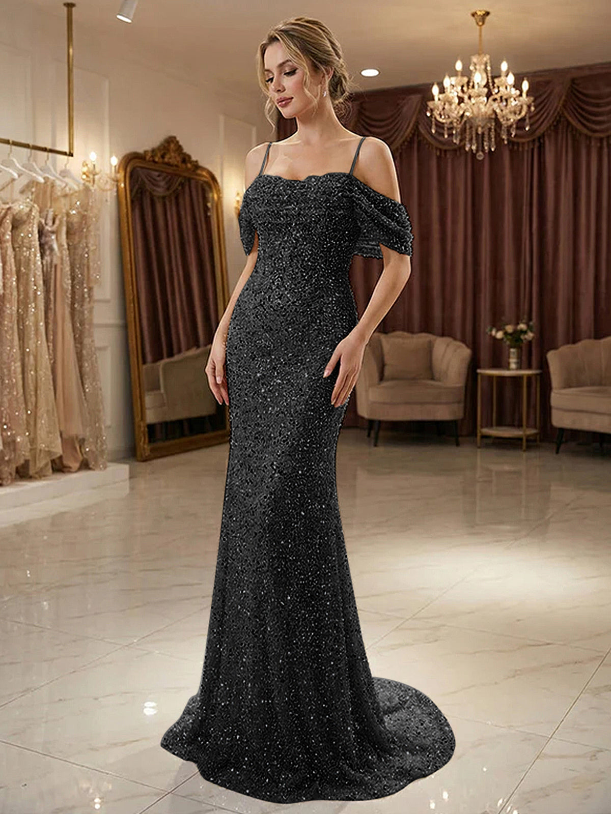 Sparkly Champagne Beaded Off-the-Shoulder Mermaid Long Prom Dress