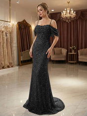 Sparkly Champagne Beaded Off-the-Shoulder Mermaid Long Prom Dress