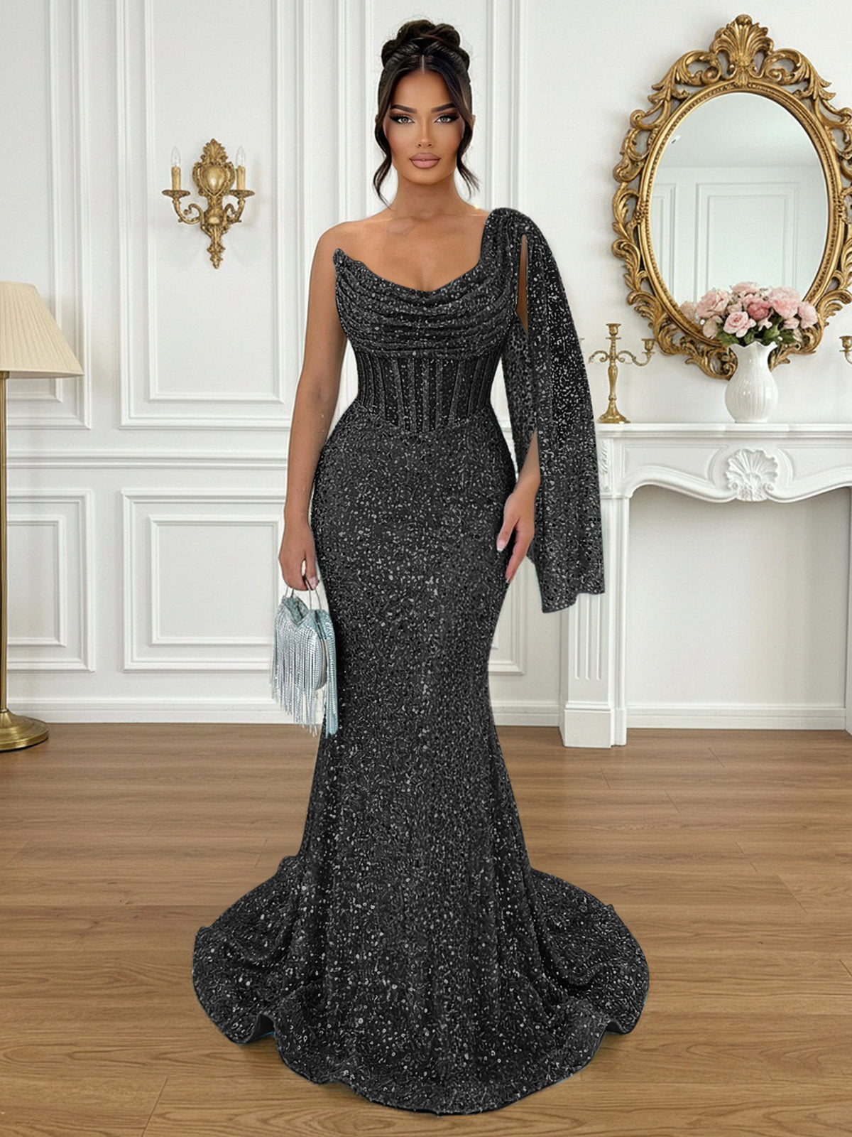 Glamorous Ice Blue One-Shoulder Sequin Corset Mermaid Prom Dresses