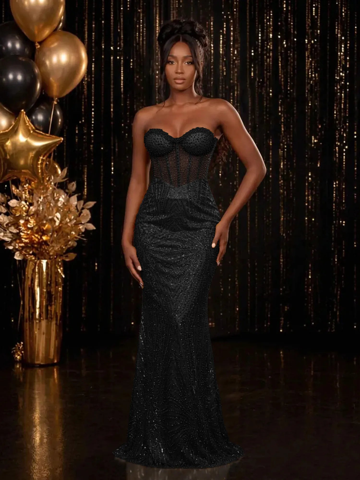 Strapless Sequin-Accented Mermaid Prom Dress with High Slit