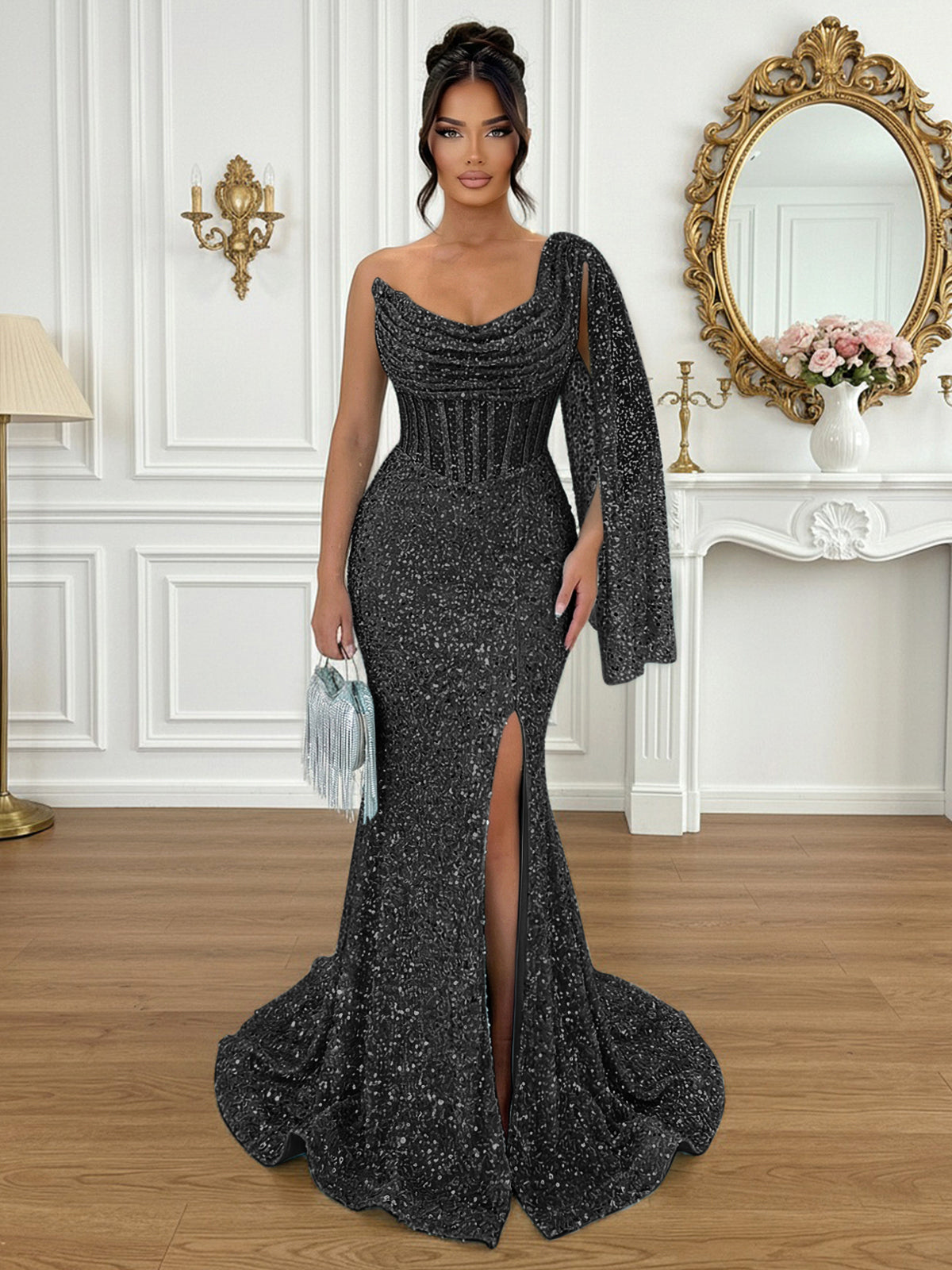 Glamorous Ice Blue One-Shoulder Sequin Corset Mermaid Prom Dresses with Slit