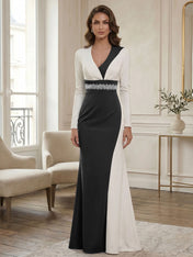Elegant Navy & White Color-Block Long Sleeve Floor-Length Evening Gown Formal Dresses