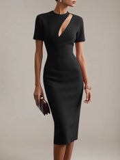 Red Sheath/Column Stretch Crepe Scoop Neck Short Sleeves Tea Length Dresses