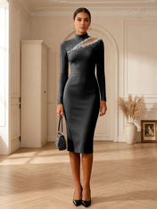 Formal Evening Gown Striking Obsidian Black Crystal Cutout Bodycon Midi Dress