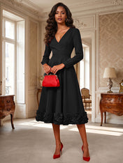 Formal Evening Gown Crimson 3D Rose Hem A-Line Midi Dress