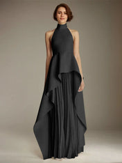 White Sleeveless High Neck Chiffon Long Formal Dress With Ruffles