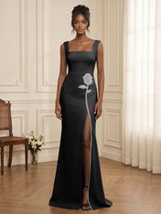 Formal Evening Dress Glamorous Black Square-Neck Crystal Rose Slit Gown